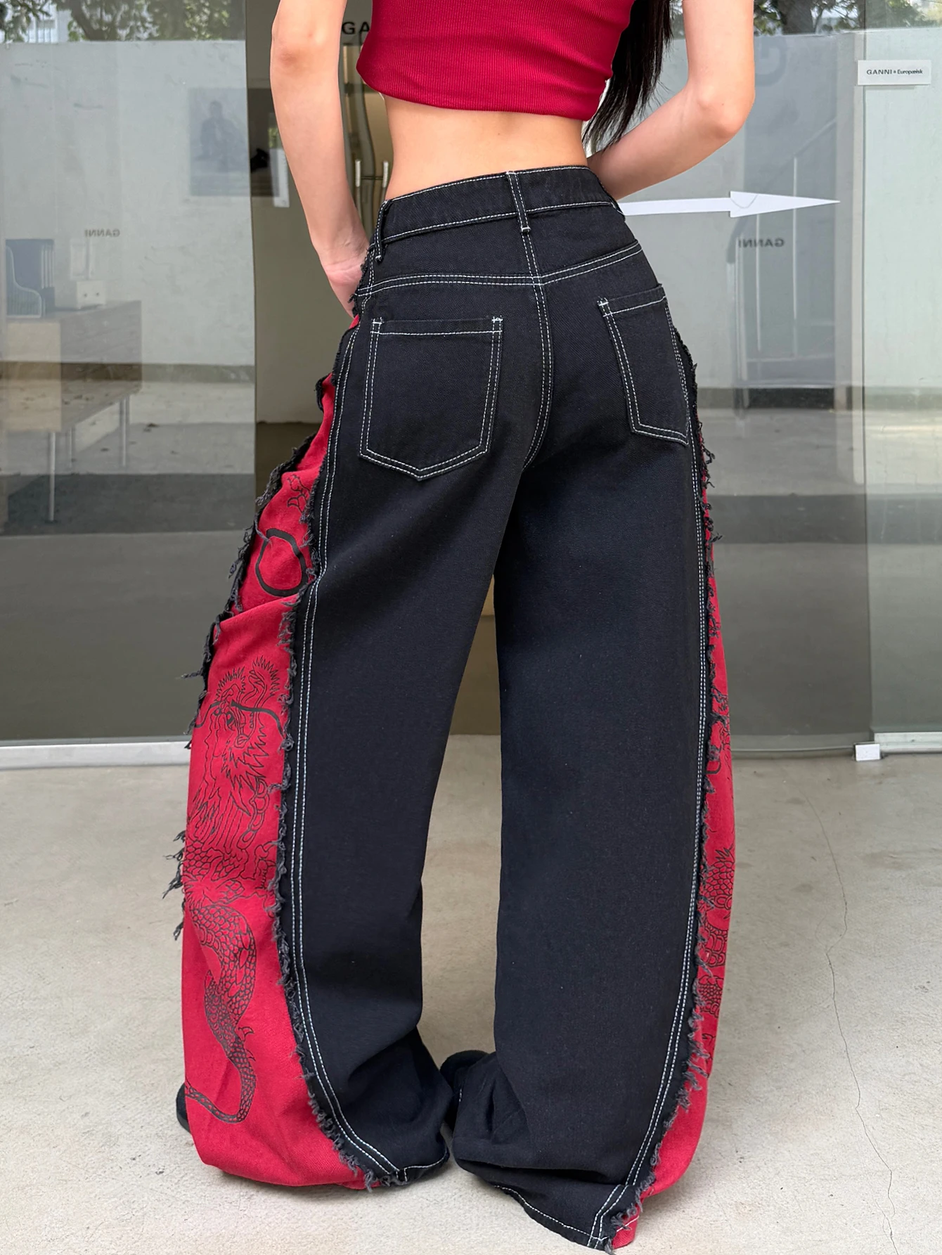 Women Autumn Mid‑Waist Wide‑Leg Y2K Jeans Contrast Frayed Dragon Print Wear‑Resistant Denim For Daily Casual Wear