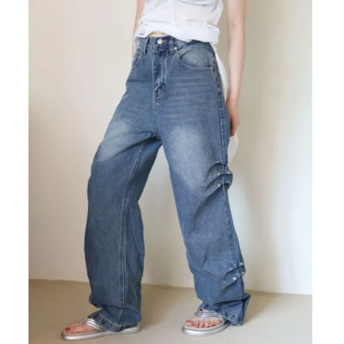 

Loose High Waist Pleated Jeans Casual Straight Leg Blue Cotton Denim Comfortable Standard Fit Four Seasons Wide Leg