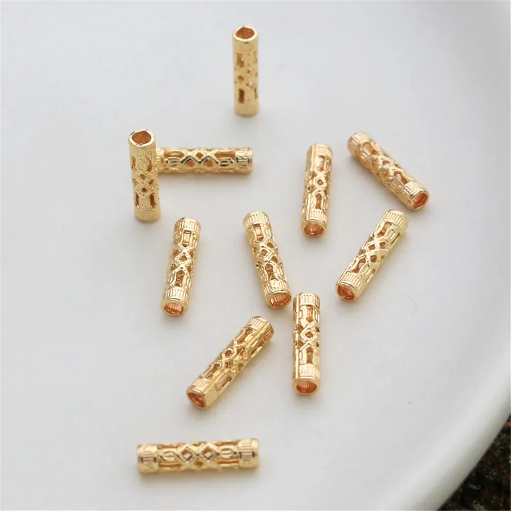 14K Gold Plated Accessories hollow out flower column 3x12.5mm round hollow out long column retro DIY loose bead accessories