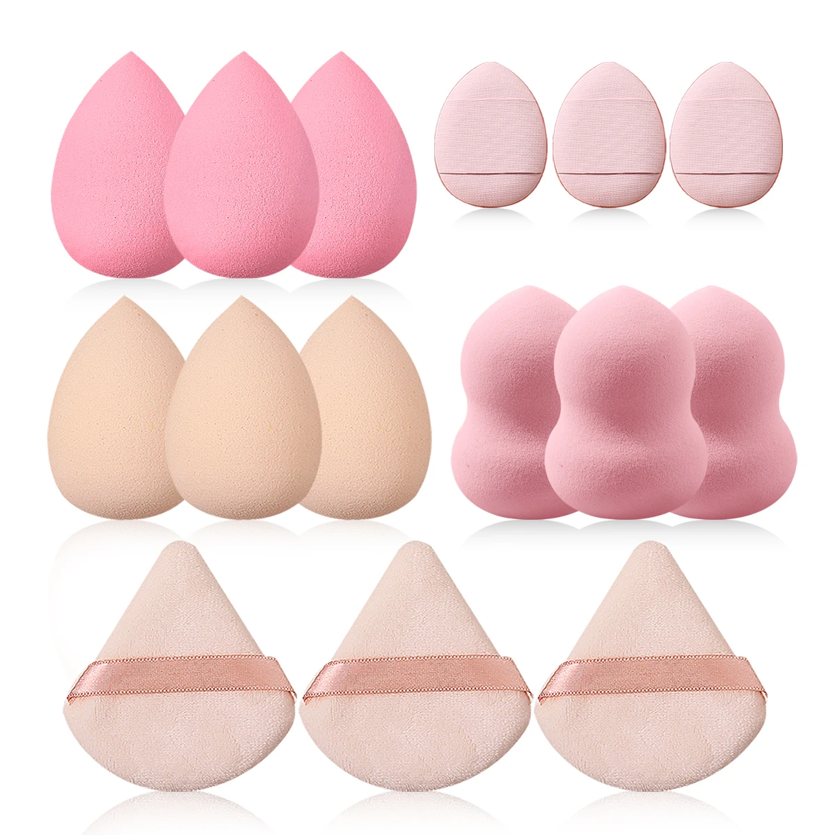 Ensemble d'éponges de maquillage multifonctions pour œufs de beauté, 15 pièces, 6 gouttes d'eau/oeufs de beauté, 3 bouffées de poudre triangulaires, Mini bouffées de poudre pour le pouce