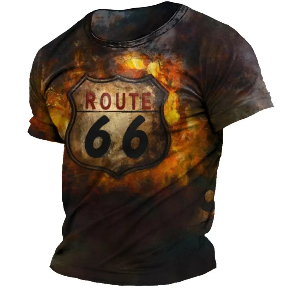 Classic Minimalist Retro Men's Fashionable Short Sleeved ROUTE 66 Motorcycle 3D Printed Casual Oversized Summer Men's T-shirt