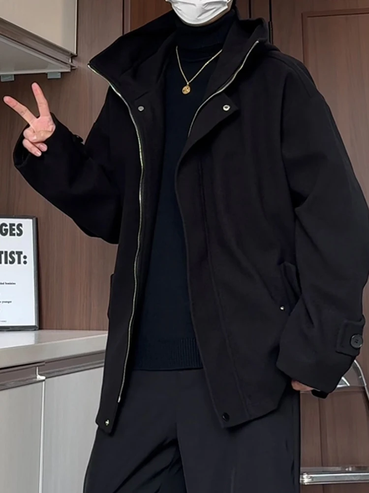 

Black Woolen Workwear Jacket Men's Short Style Stand Collar Autumn Winter Fashion Brand Warmth Polyester Fiber Long Sleeve Coat