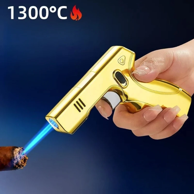 Pistol Semprot Logam Tahan Angin Jet Api Biru Pengunci Keamanan Saklar 360 °   Pemantik Api Terbalik untuk Dapur Luar Ruangan dan Pemantik Cerutu