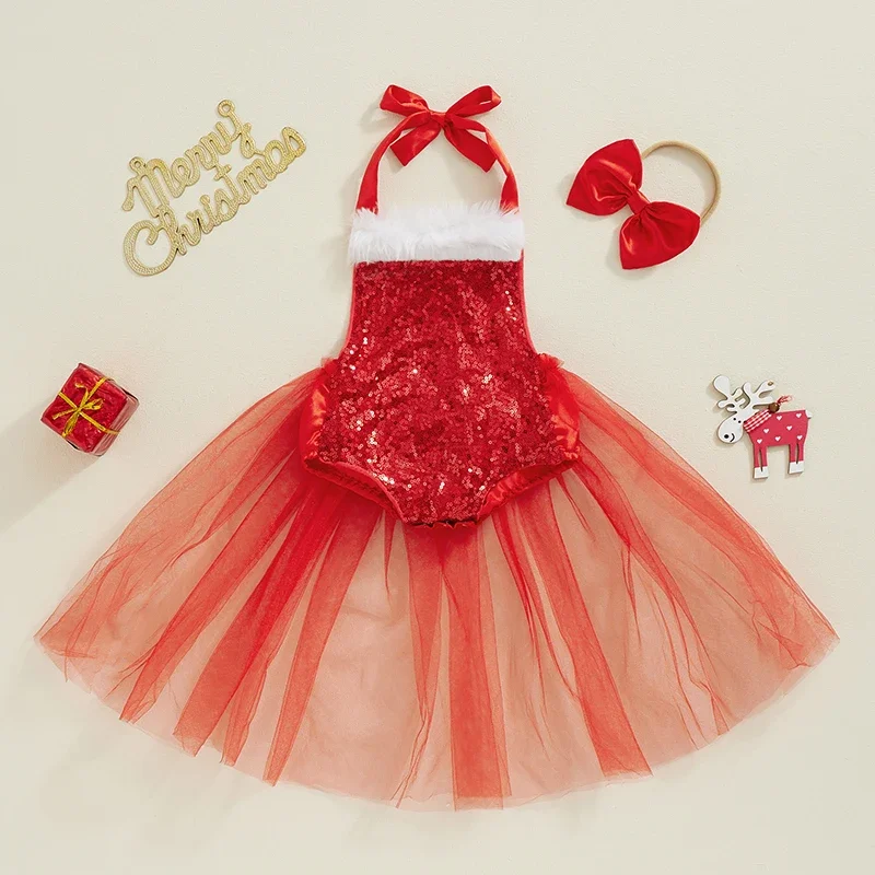 

Newborn Infant Baby Girl Christmas Romper Dress Sequin Tulle Patchwork Halter Neck Jumpsuit with Bow Headband