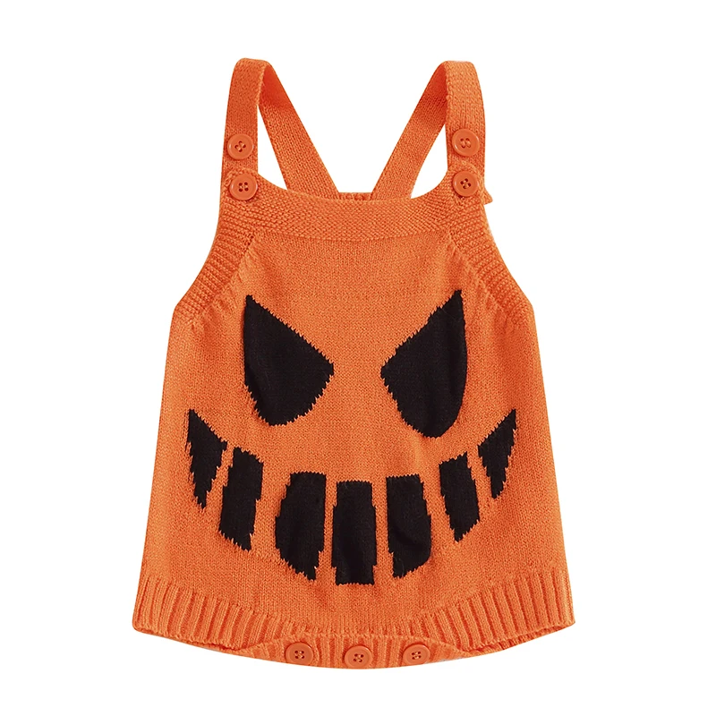 

Baby Knit Overall Romper Cute Halloween Pumpkin Print Sleeveless Jumpsuit for Newborn Girls Boy Cute Clothes