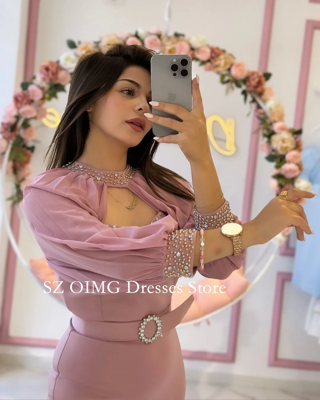 OIMG 2024 New Summer Women\'s Maxi Pink Crepe Satin Prom Dress Puff  Sleeves Fashion Celebrity High Neck Crystals Party Dress