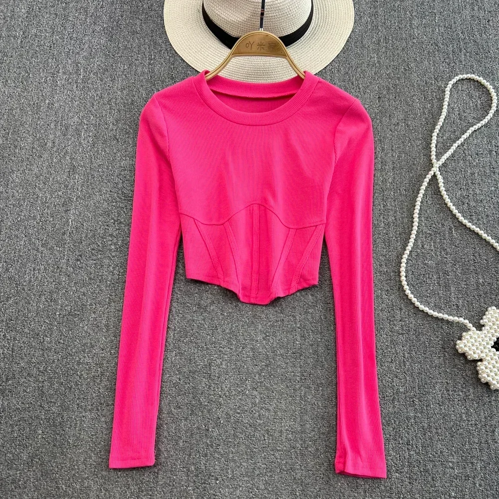 Chic Skinny Irregular Tshirt Sexy Ribbed Slim T Shirt Korean Fashion Tees  Long Sleeve High Waist Women Spring Autumn Crop Top