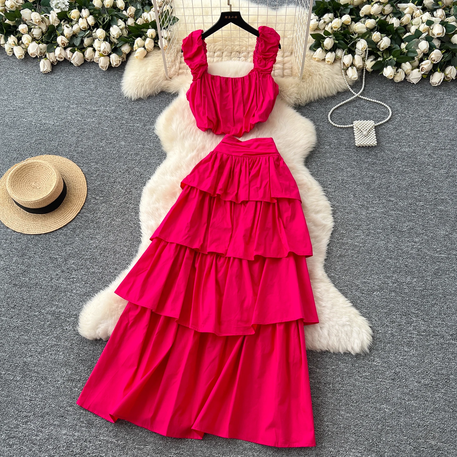 

Women Summer square neck sweet backless sleeveless Fashion Set Strap Top hotsweet Casual Two Piece Set