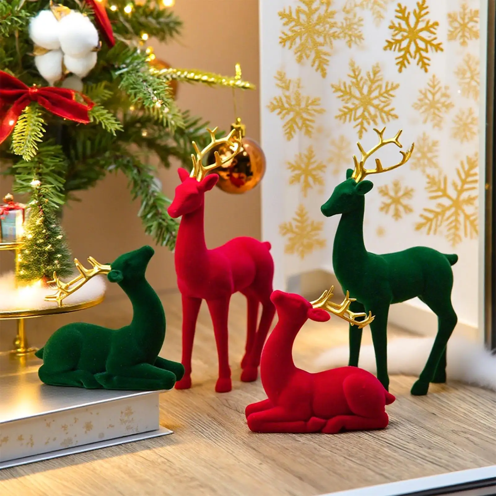 Christmas Deer Flocking Deer Statue Red Green Elk 2 Pieces Aesthetic Standing Sitting Statue For Nursery Bedside Table Living