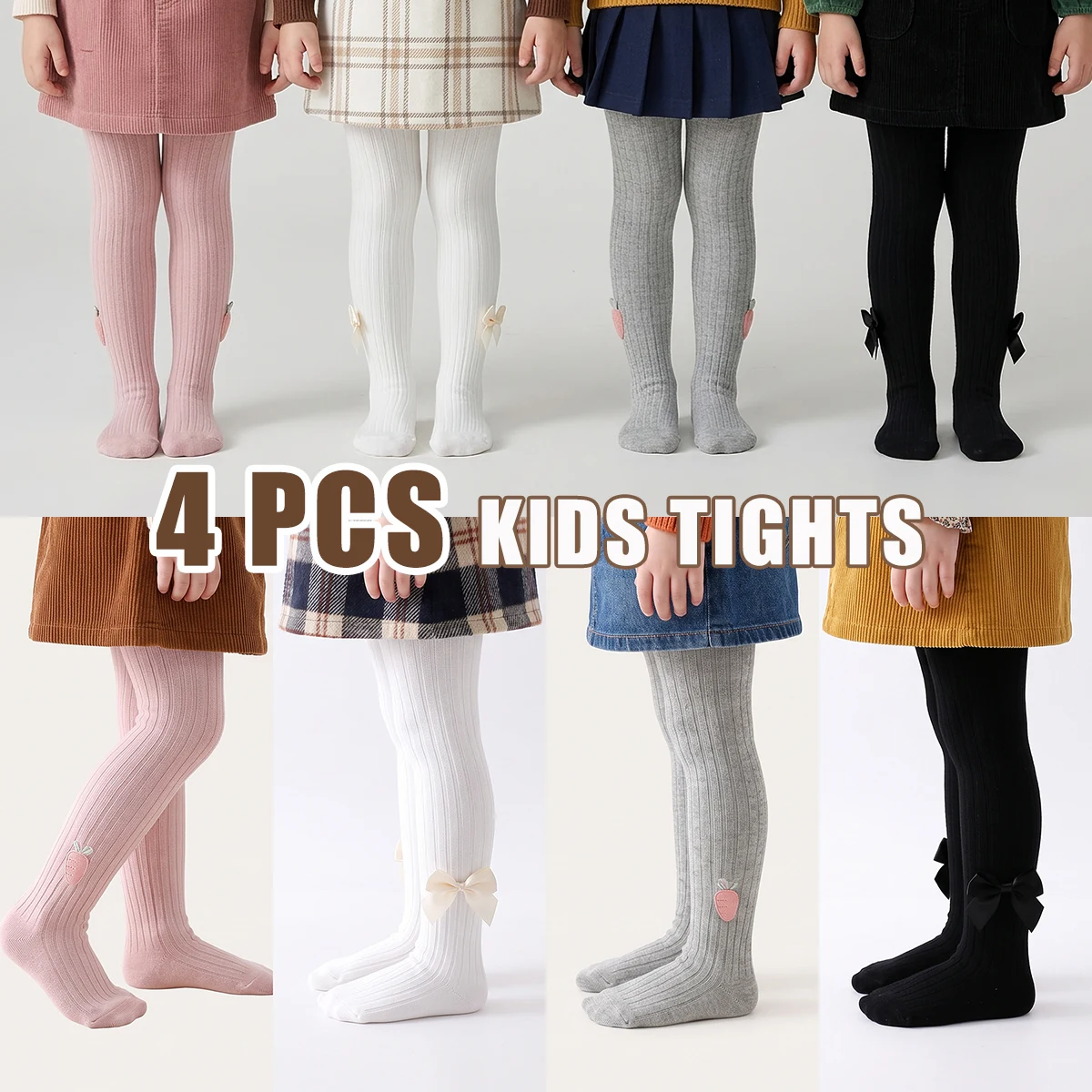 4 PCS Kids Ribbed Tights for Girls Spring Autumn, High‑Elastic Warm Slim Base Tights with Bow & Carrot, Versatile for School Out
