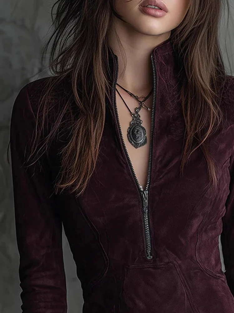 2026 Half Zip-up Stand Collar Slim Mini Dress for Women's Lace Hem Long Sleeve Autumn Suede Leather Floral Pattern Sexy Dresses