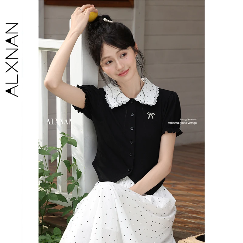 

ALXNAN черная футболка блочного цвета с кружевным кукольным воротником, элегантные женские футболки, лето 2025 г., повседневные топы с короткими рукавами, женские L55797