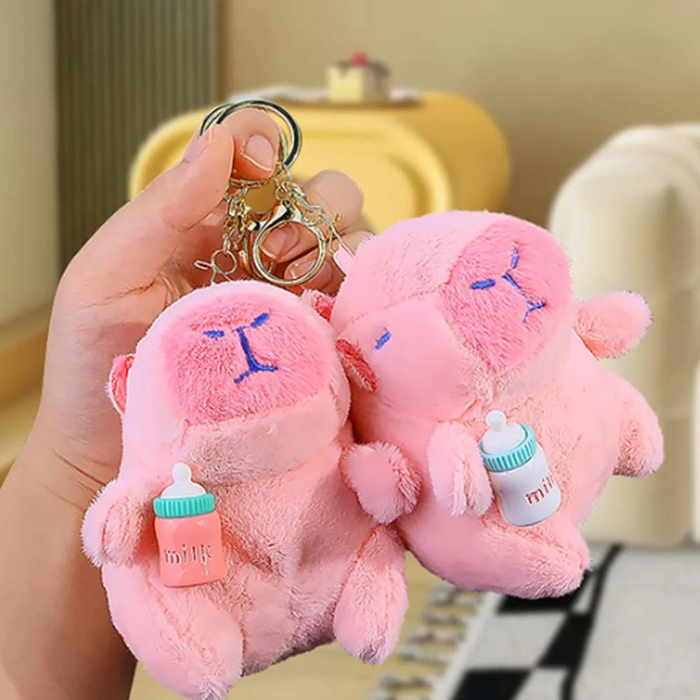 2pcs/set Soft Pink Capybara Key Ring Funny Brown Plush Capybara Pendant PP Cotton Feeding Bottle Cartoon Animal Keychain Couple