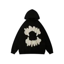 Vintage Teeth Hoodie Streetwear Hip Hop Retro Embroidery Patch Washed Hooded Sweatshirt Y2K Men Women Fashion Loose Hoodies