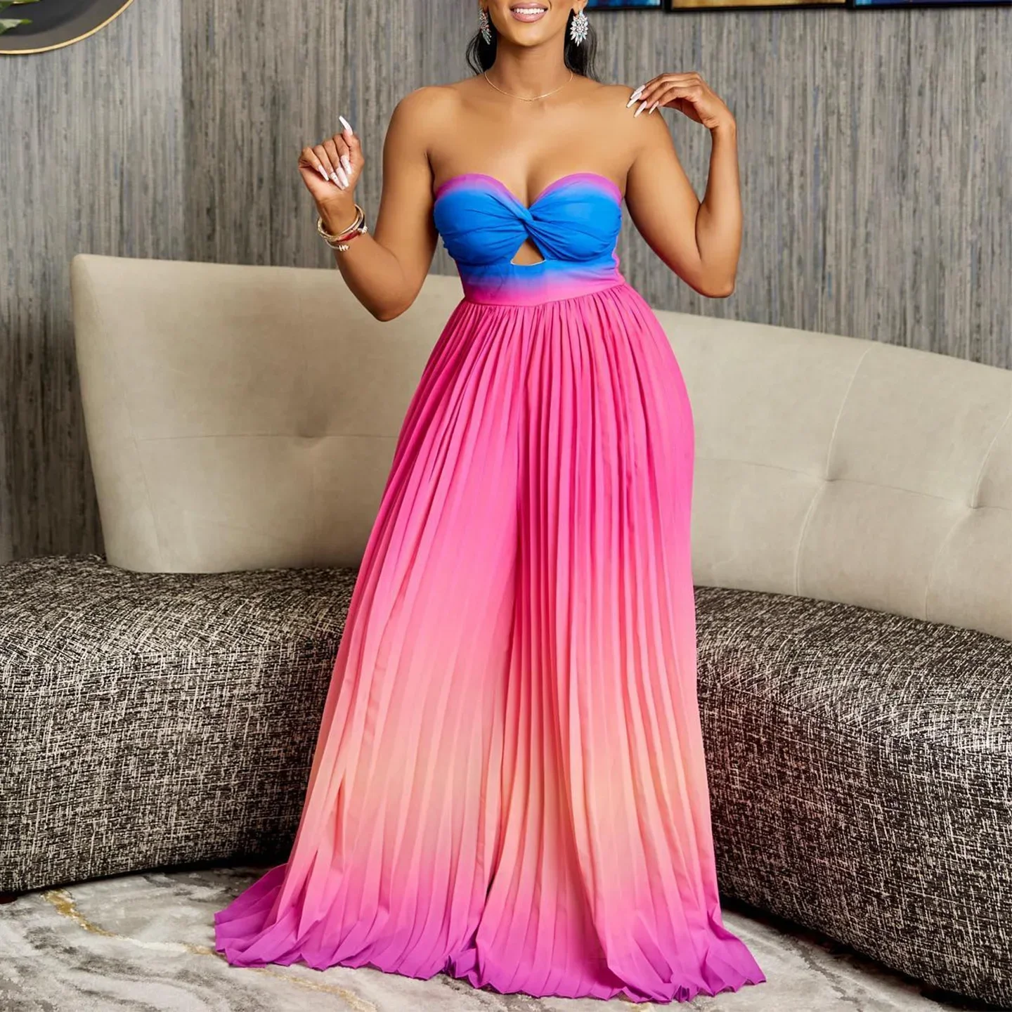 Women Gradient Sleeveless Pleated Strapless Wide Leg Long Jumpsuits 2024 Summer Beach Fashion Street Sexy Outfit Rompers