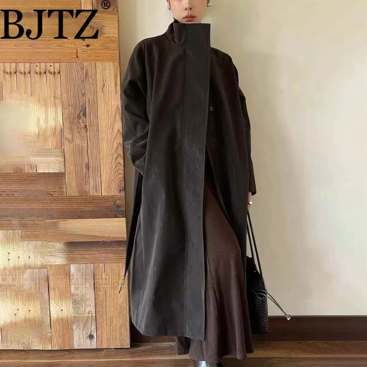 

BJTZ Loose Stand Collar Trench Jacket For Woman 2025 Autumn New Trend Belted Pockets Comfortable Elegant Luxury Windbreaker Coat