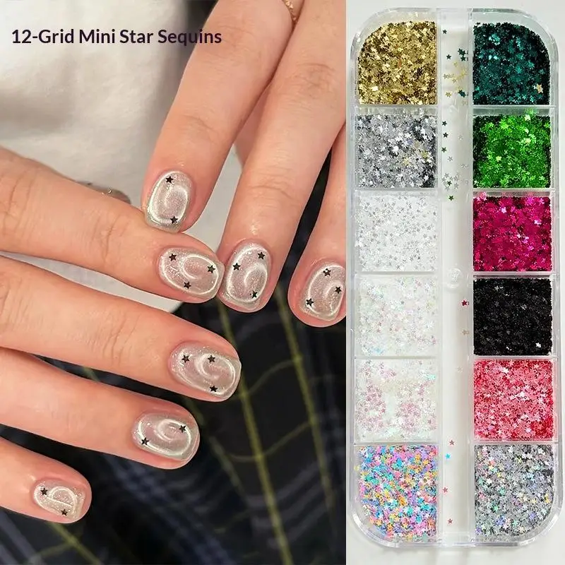 Multicolor Star Nail Rivets(12 Colors)3D Sparkle Sequin Charms in Storage Grid DIY Nail Art Decoration, Eye-Catching for Acrylic