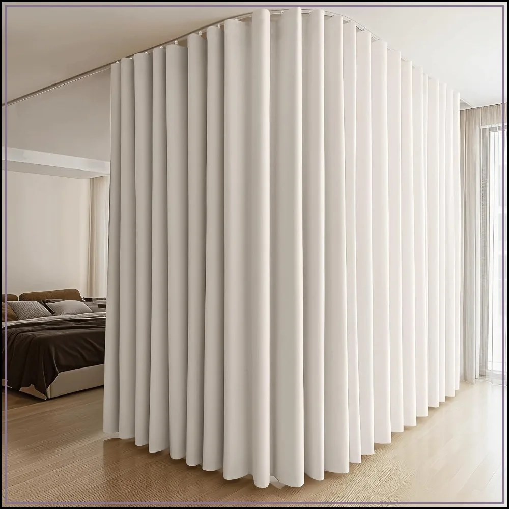 Room Divider Curtain & Flexible Bendable Track Set - 1 Panel Beige 120"W x 96"H with White Rail, Blackout Privacy Divider for Living Room Bedroom