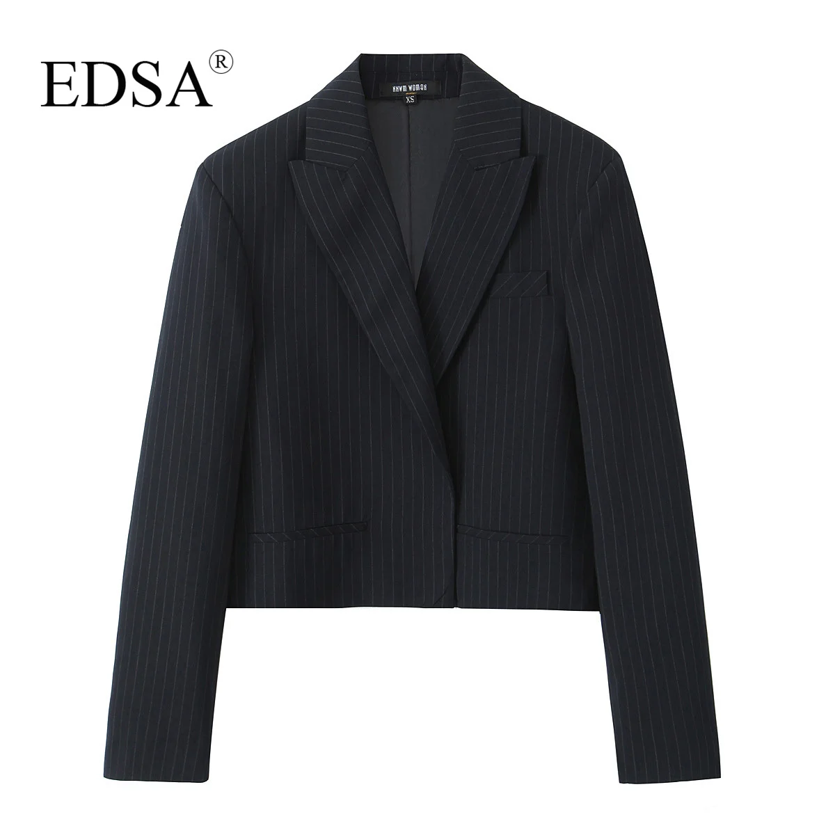 EDSA Women Vintage Cropped Blazer Jacket for Office Lady Long Sleeve Turn-down Collar for Female Casual Coat Outerwear