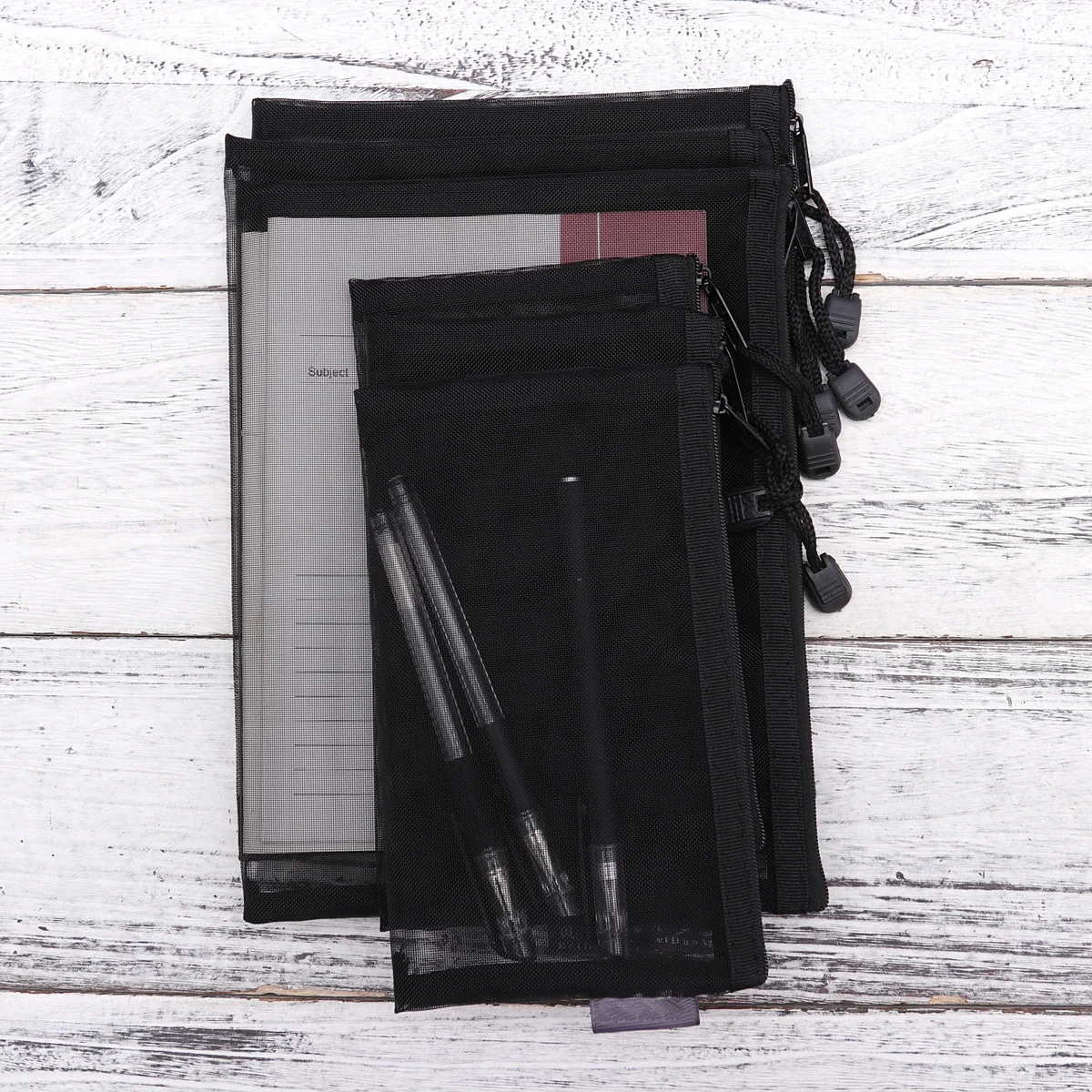 Sacs de papeterie en maille, 6 pièces, noir, Transparent, Portable, fermeture éclair, crayon, dossier de documents, bureau, école