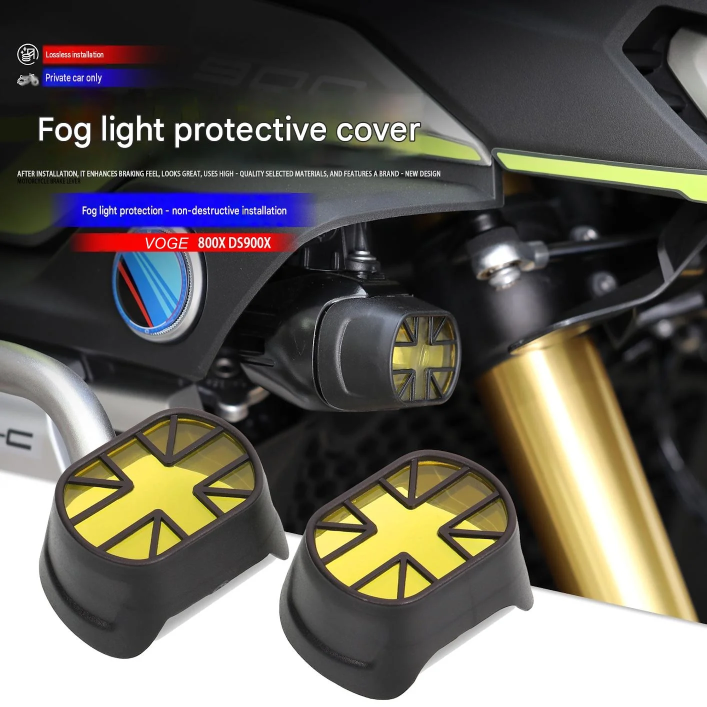 For VOGE DS800X/900X, the accessory includes front fog lamp protection cover, headlamp fog lamp housing