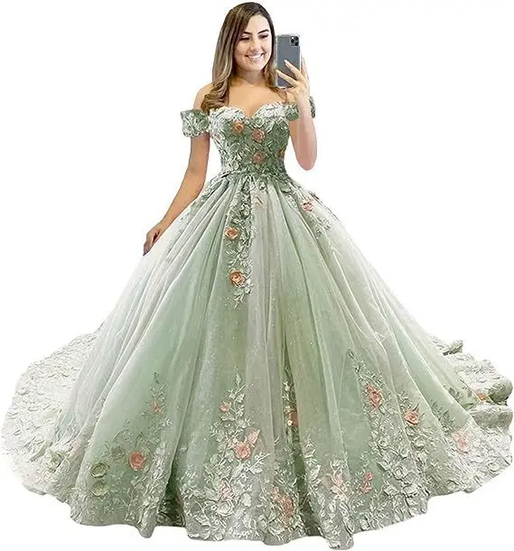 Gaun kustom dari bahu hijau Quinceanera 3D bunga renda Applique Meksiko Prom ulang tahun manis 16 gaun Vestidos De Anos