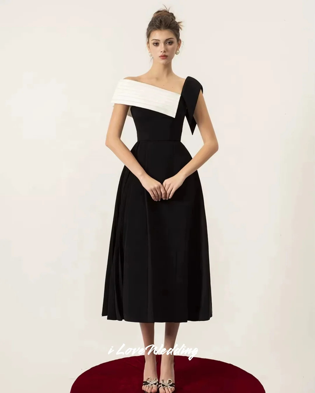 

Black Off Shoulder Evening Dress 2025 Satin Backless A-Line Tea Length Prom Dress Pleated Modern Wedding Party Dress Customized