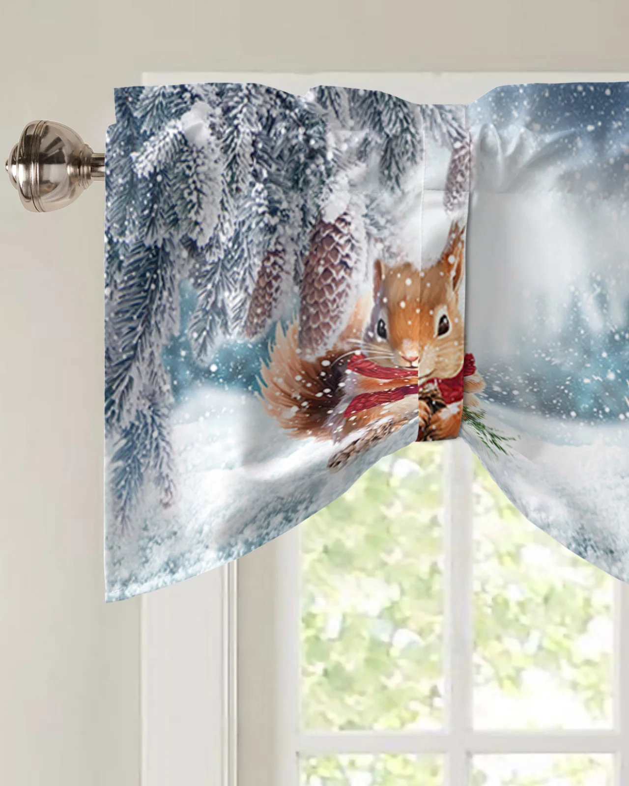 Winter Snow Pine Cone Squirrel Short Window Curtain Kitchen Cafe Cabinet Door Tie up Valance Bedroom Small Drapes Home Decor