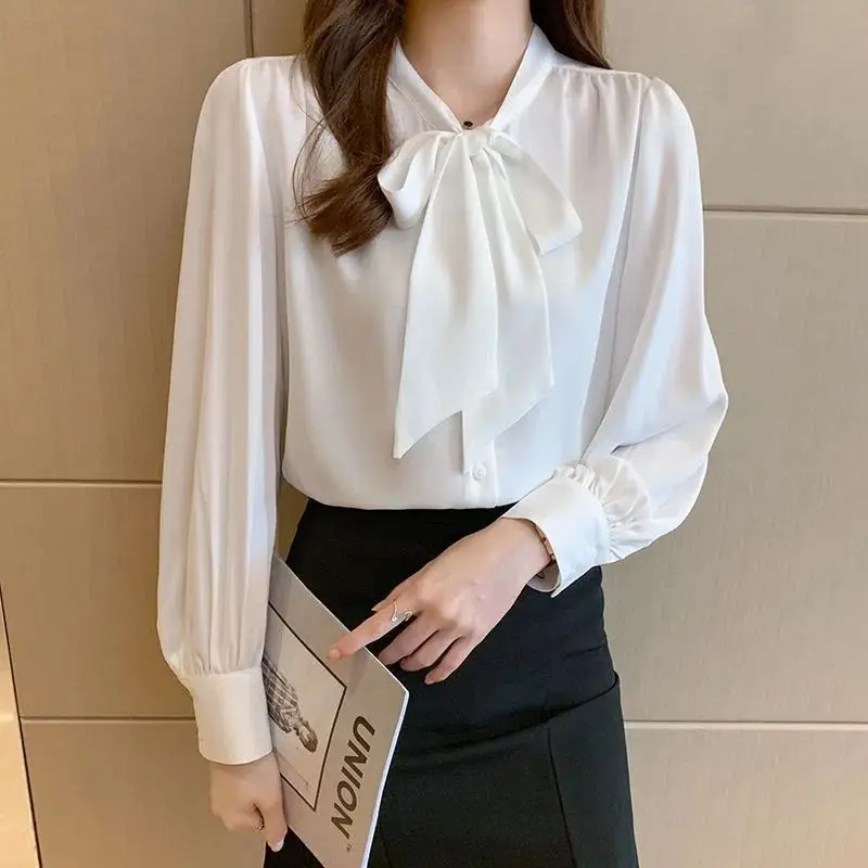 Spring and Summer New Women\'s Chiffon White Shirt Bow Single Breasted Fashion Casual Solid Color Loose Commuter Korean Version