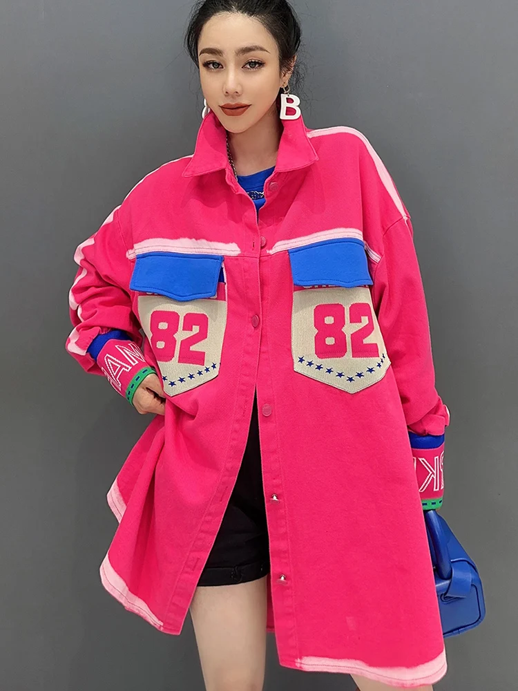 SHENGPALAE 2024 Spring Fashion Denim Jacket Color Blocking Printing Long Sleeved Shirt Washing Heavy Industry Casual Top 5R9662