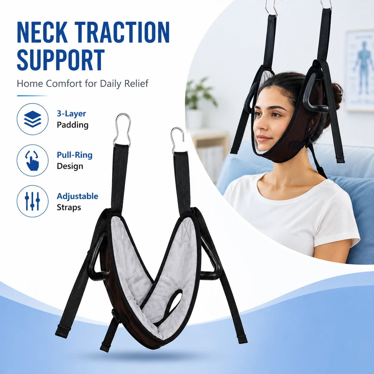 1Pc Cervical Traction Sling, Cervical Spine Training Support Strap, Soft Padding, Adjustable Straps, With Metal Hooks Pull Rings