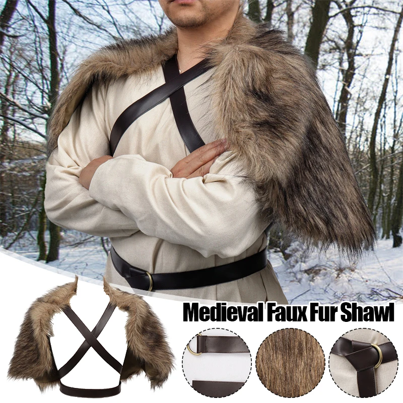 

Warrior Style Medieval Faux Fur Cape with Collar Shoulder Cloak for Halloween Cosplay Fantasy Costume Accessories