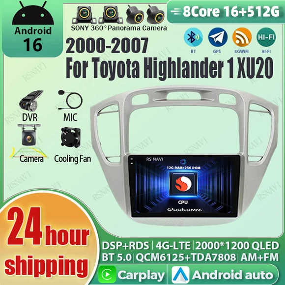 

Android 16 Carplay Auto Qualcomm 2K QLED Screen Car Radio Player For Toyota Highlander 2000 - 2007 GPS Wifi BT DSP Stereo DVR 4G