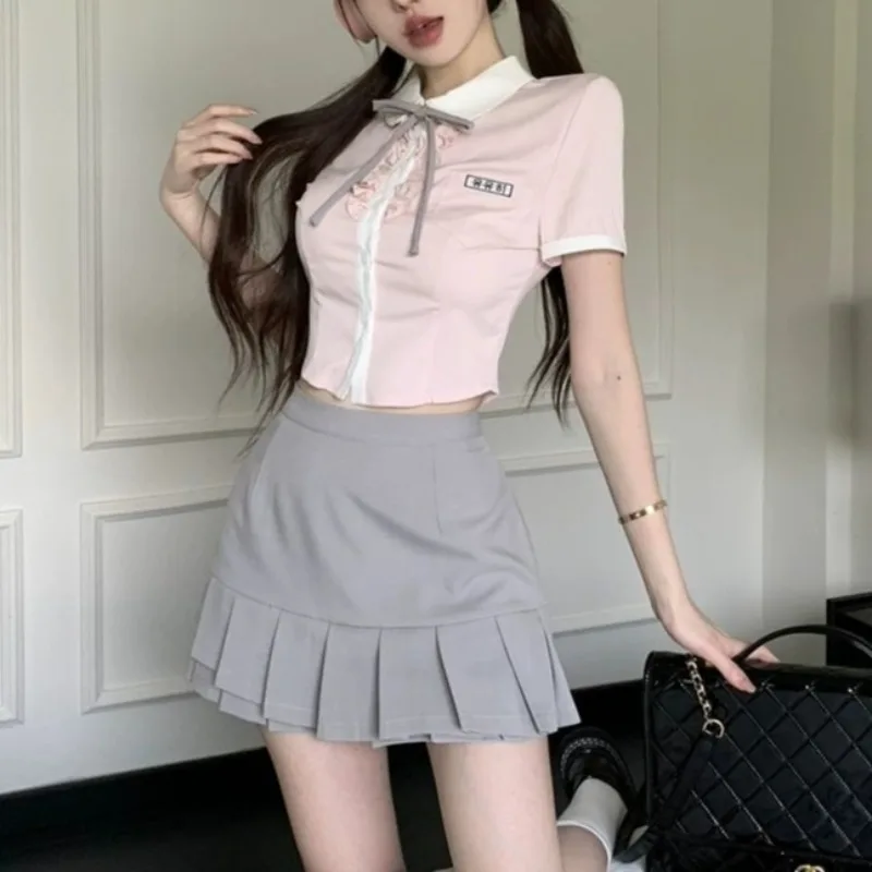 

Kawaii Универсальный комплект из 2 предметов 2025 New Girl Розовый кукольный воротник Тонкая блузка Плиссированные короткие мини-юбки Костюм 2025 Лето Комплекты из 2 предметов