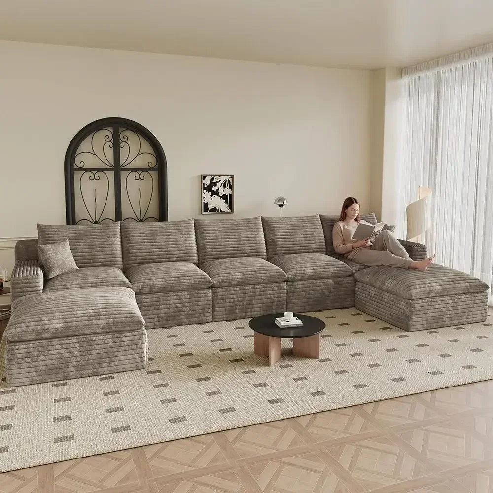 7-Seater U-Shaped Cloud Sectional Sofa with Ottoman, Deep-Seat Corduroy, Camel Color, Living Room/Bedroom, Ready to Use