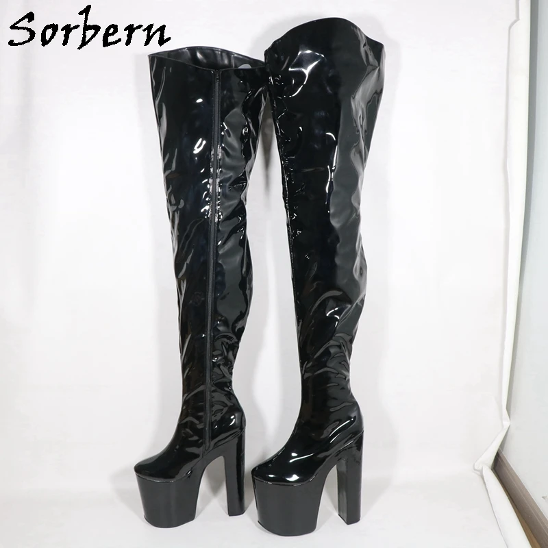 

Sorbern Black Crotch High Boots Women Zipper Up Thick Platform Designer Fetish Extreme High Heel Boots Fetish Plus Size US4-17