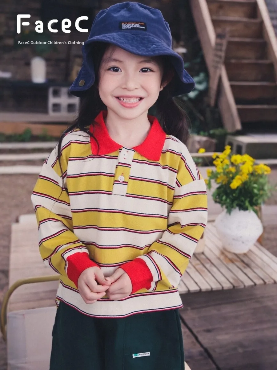 Loose Long Sleeve Striped  Shirt for Girls Outdoor Autumn New Style FaceC Mountain Series T-Shirt Children's Clothing