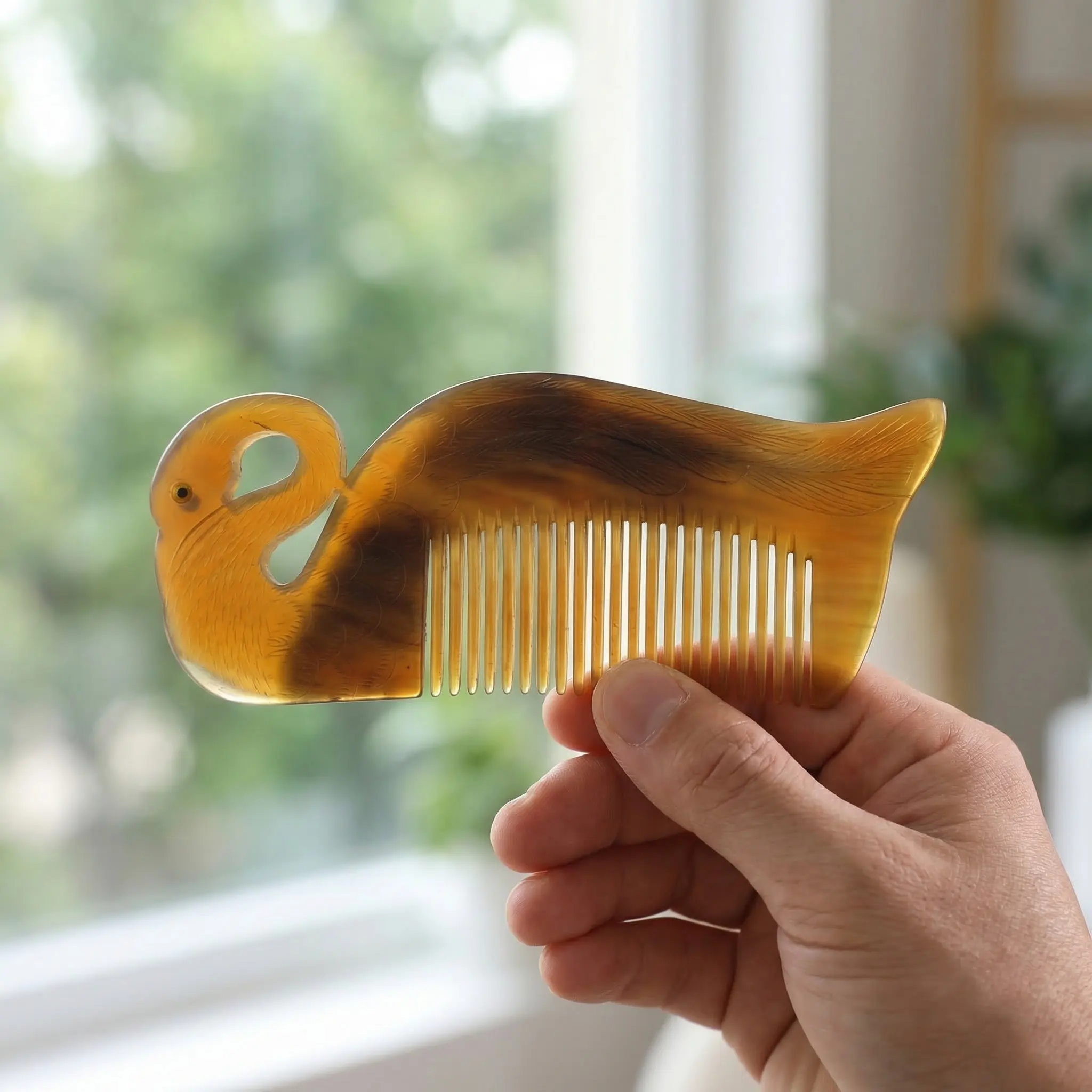 

1Pcs Ox Horn Hair Comb Swan Shape Double-Sided Carved Anti-Static Smooth Detangle Promote Blood Circulation Hair Loss Prevention