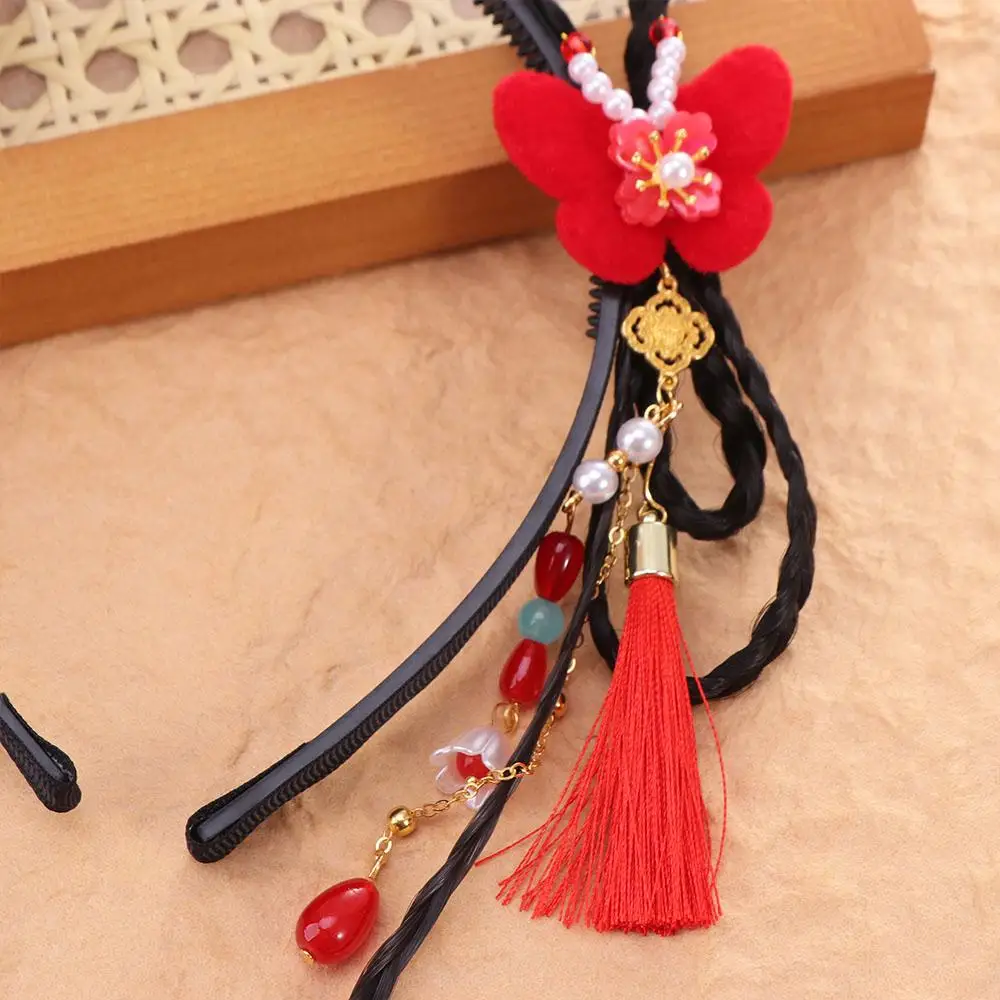

Tang Suit Chinese Style Hanfu Wig Headband Pearl Red Flower Tassel Headband Cute Ancient New Year Headwear Children