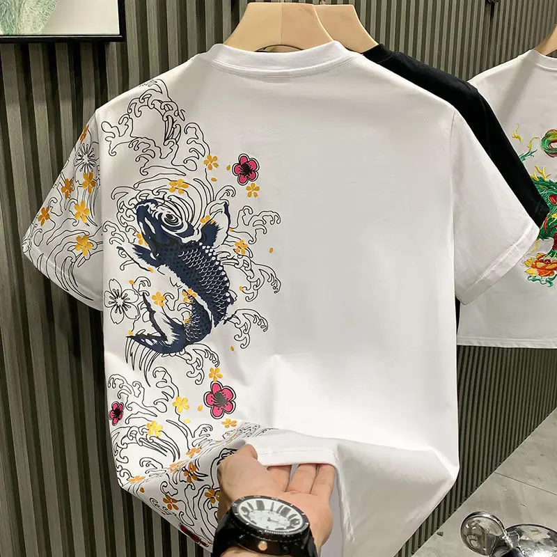 Chinese Style Trend Fashion Thin Summer T-Shirts Men O-Neck Carp Embroidered Short Sleeve Loose Pullovers Bottoming Shirt Tops