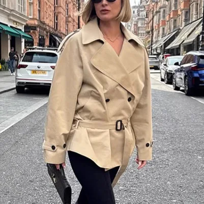 

KIDCRKJ Belted Women's Jacket Double Breasted Khaki Lapel Collar Outwear For Female High Quality Versatile Lady Trench Jacket