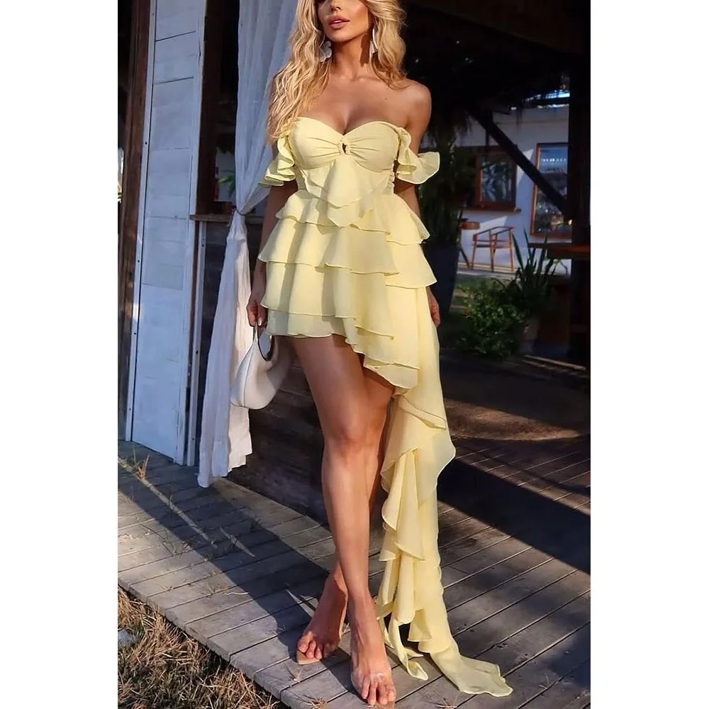 

Sexy Yellow Evening Dresses Off The Shoulder A Line Sleeveless Backless Special Occasion Tiered Female Gowns Classic 2025