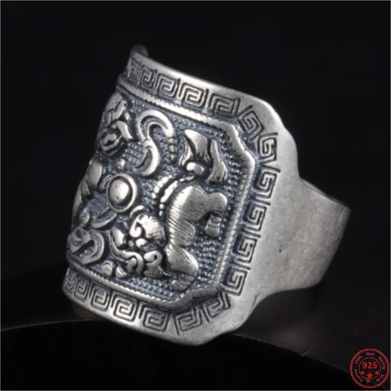 S925 Sterling Silver Rings for Women Men New Women's Fashion Double Lions Playing Ball Wide Pure Argentum Simple Jewelry