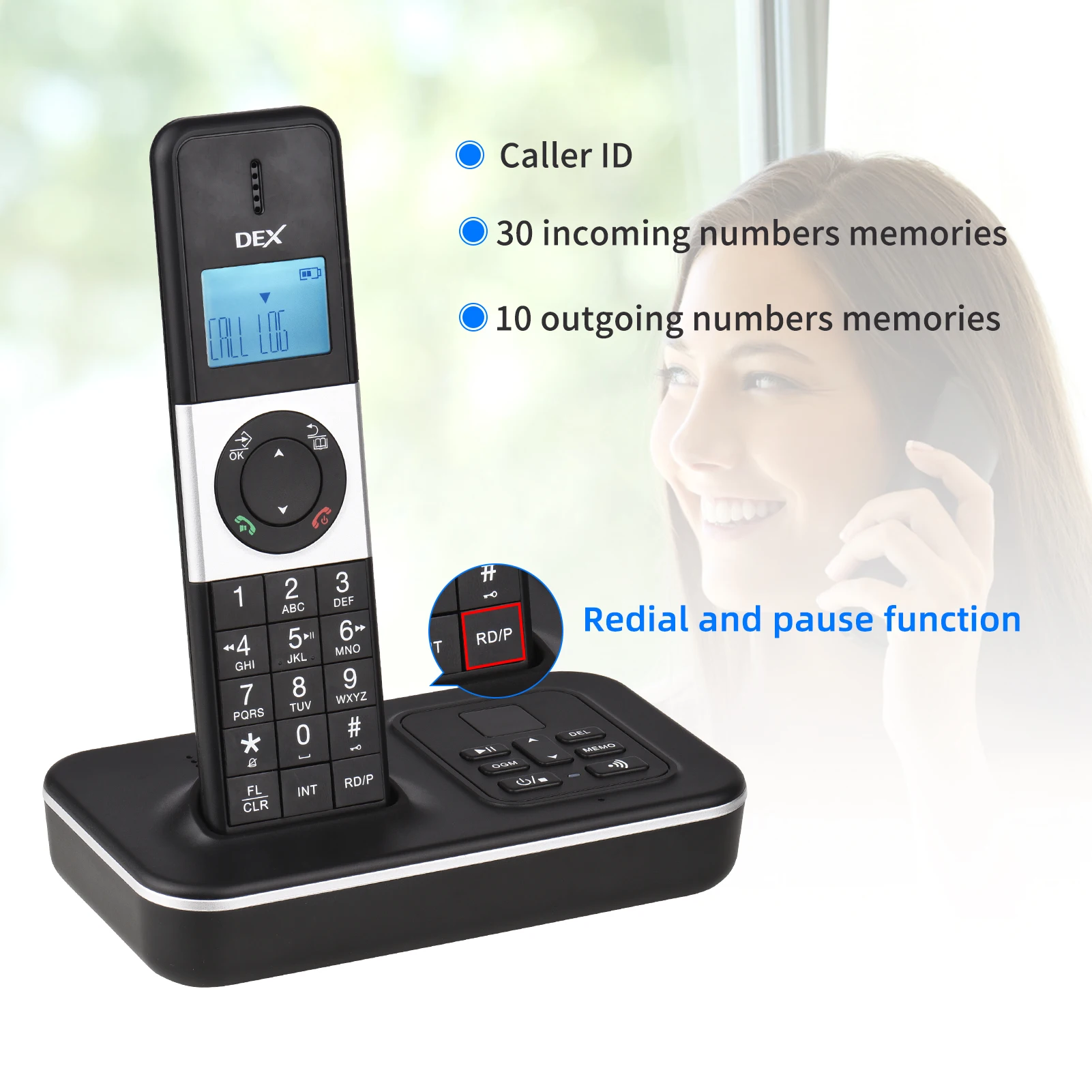 D1002 TAM-D 2-Handset Cordless Phone with Answering Machine Caller ID/Call Waiting 1.6 inch LCD 3 Lines Screen Display Rechargea