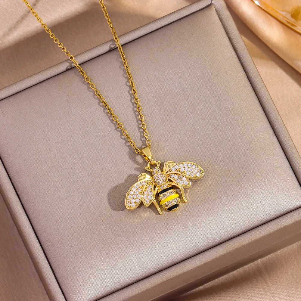 Top Luxus 18K Gold Überzogene Zirkon Kristall Biene Anhänger Halsketten Für Frauen Neue Mode Weibliche Edelstahl Hals Kette schmuck