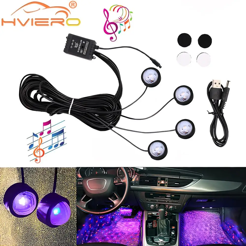 4X LED Interior Decoration Environment Floor Footlights Car Light Atmosphere 5V Star USB Remote Voice Control 7 Color Decoration