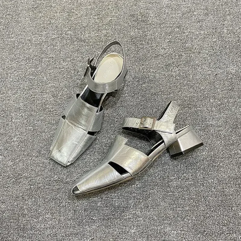 Comemore Summer Hollow Out Women Sandals Silver Chunky Pumps Luxury Design Buckle Strap Slingback Gladiator Rome Shoes traf