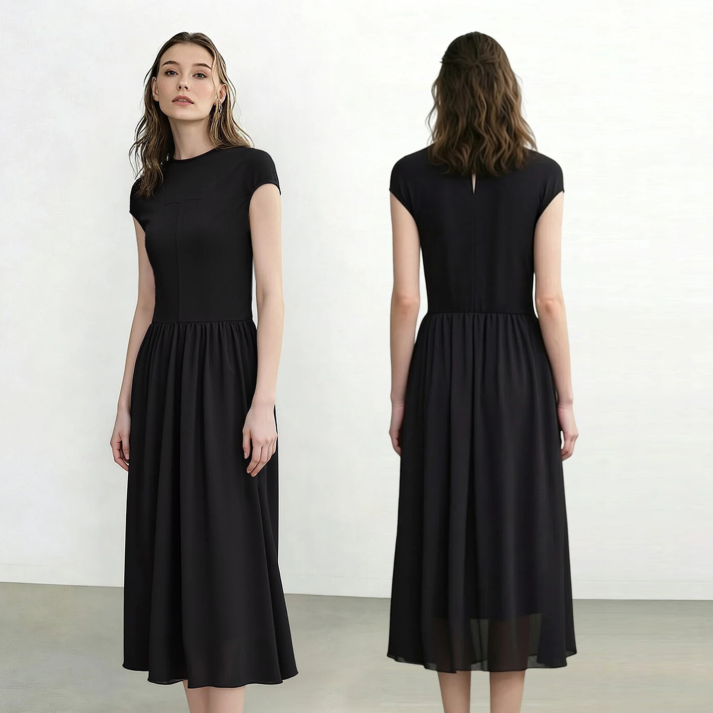 Women's Chiffon Patchwork Midi Dress - Round Neck Short Sleeve