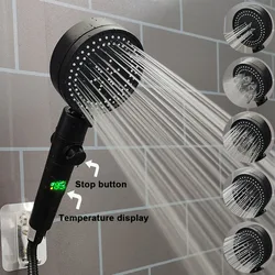 5 Modes LED Digital Temperature Display Shower Head High Pressure Water Saving Bathroom Showerhead Stop Water Adjustable Spray