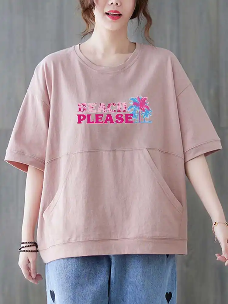 

100% Pure Cotton Large Pocket T-Shirt Loose Casual Summer plus Size Women's Top Conceal Meat Vintage Artistic Loose Fit